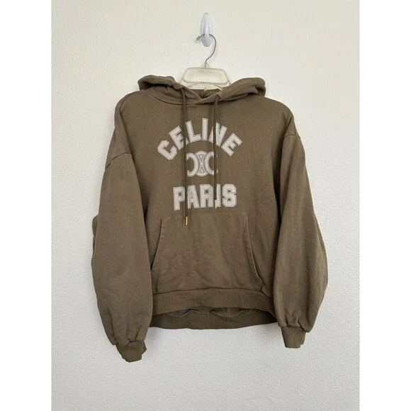 Celine Women's Cropped Hoodie Logo Spellout Autumn/Winter Collection Green Small - Picture 1 of 11
